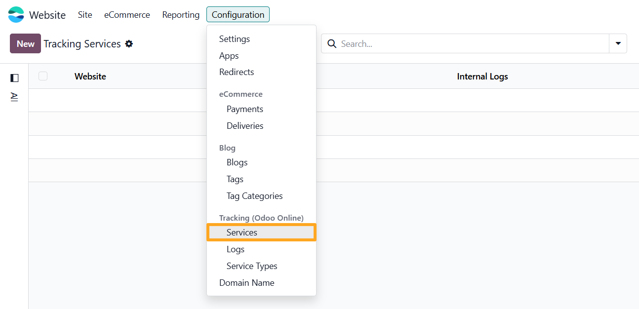 odoo online website configuration tracking services
