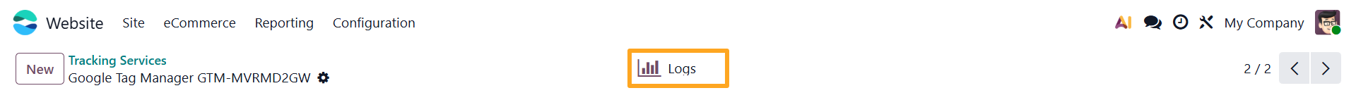 odoo online google tag manager tracking service logs button