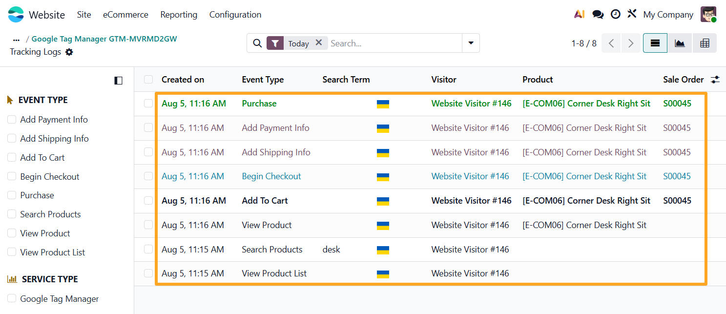 odoo online google tag manager tracking service internal logs list