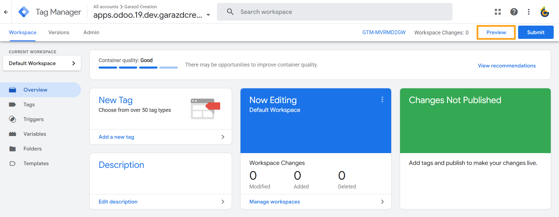 google tag manager account workspace preview assistant