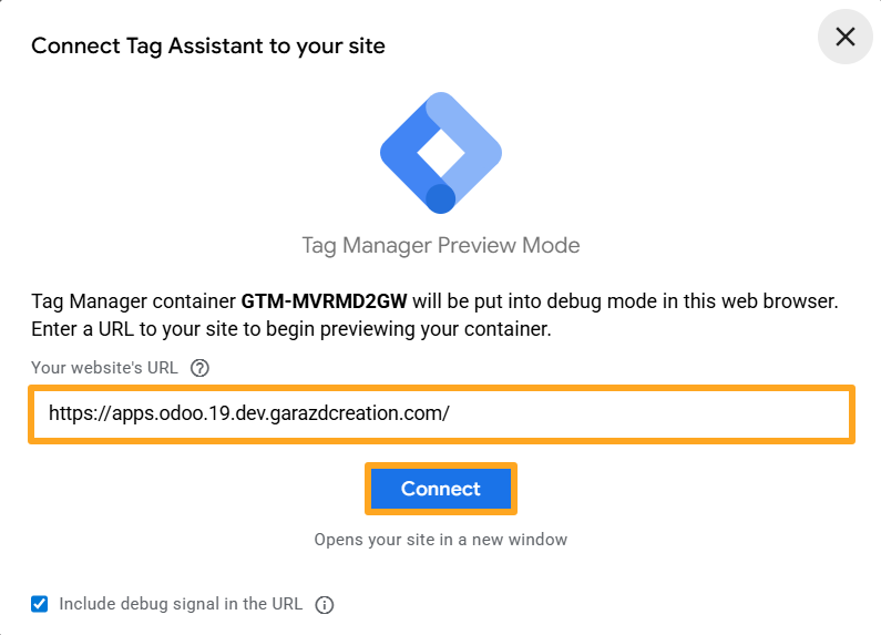 google tag manager assistant odoo website url connect