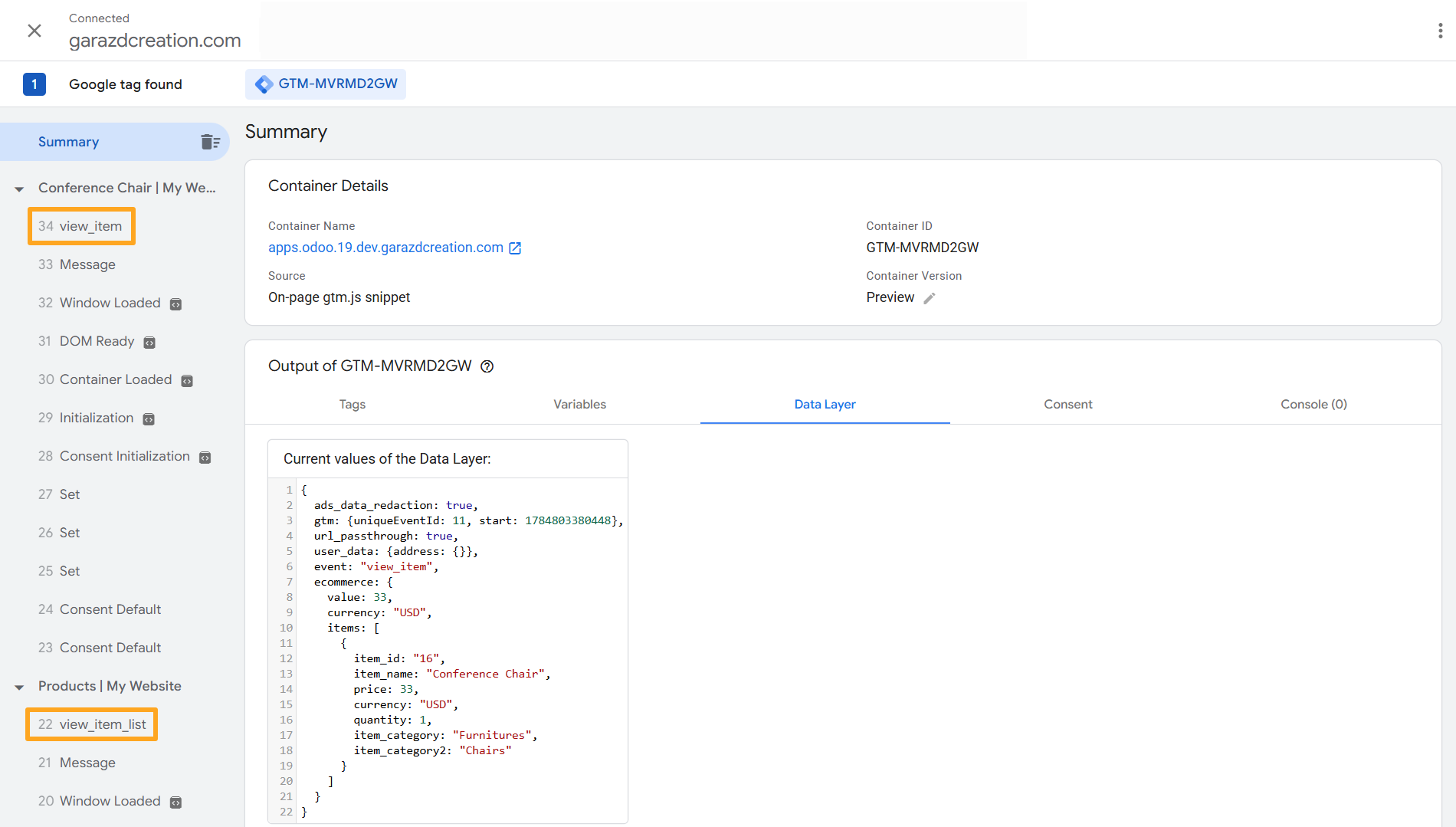 gtm google tag assistant odoo ecommerce website events