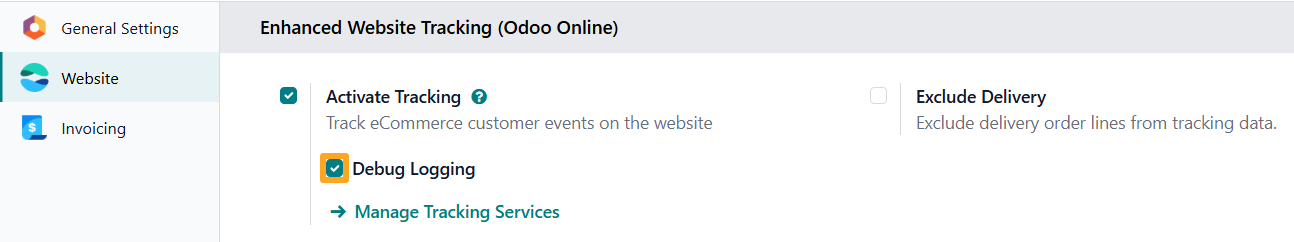 odoo online website settings enhanced tracking debug logging