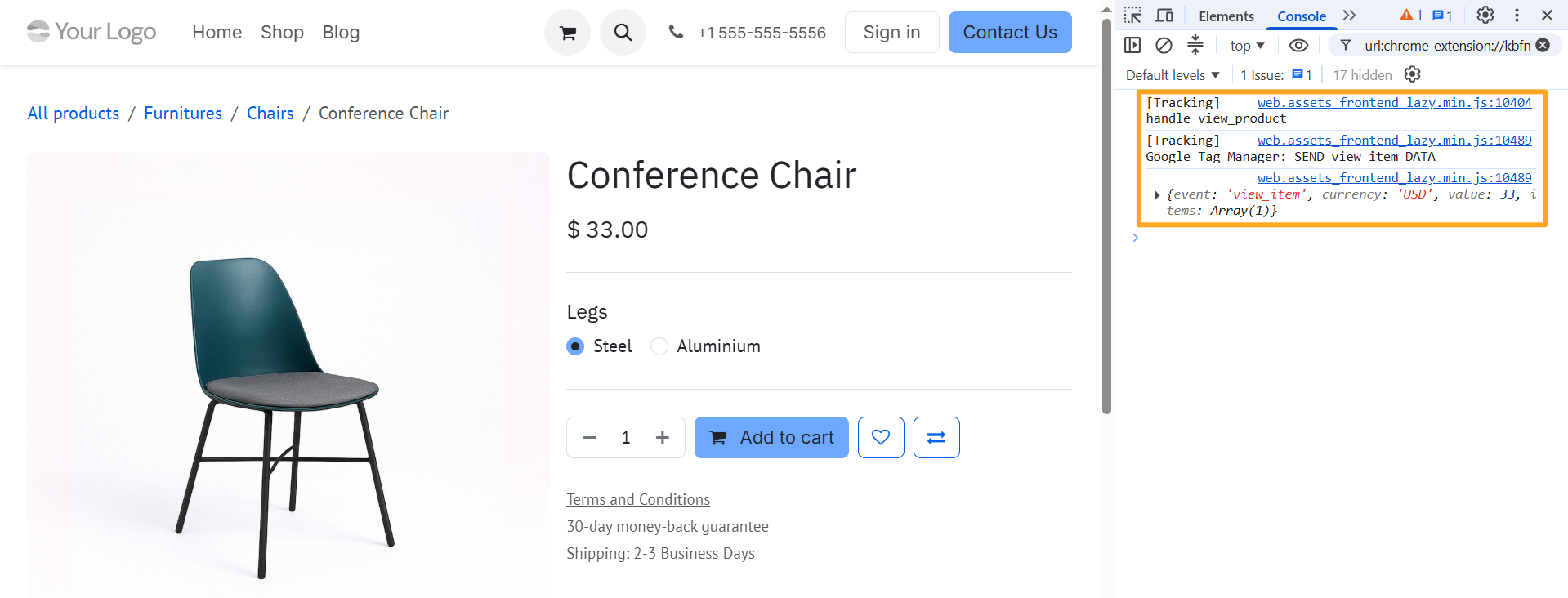odoo online website browser console google tag manager tracking event