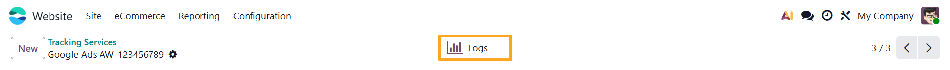 odoo online google ads tracking service logs button