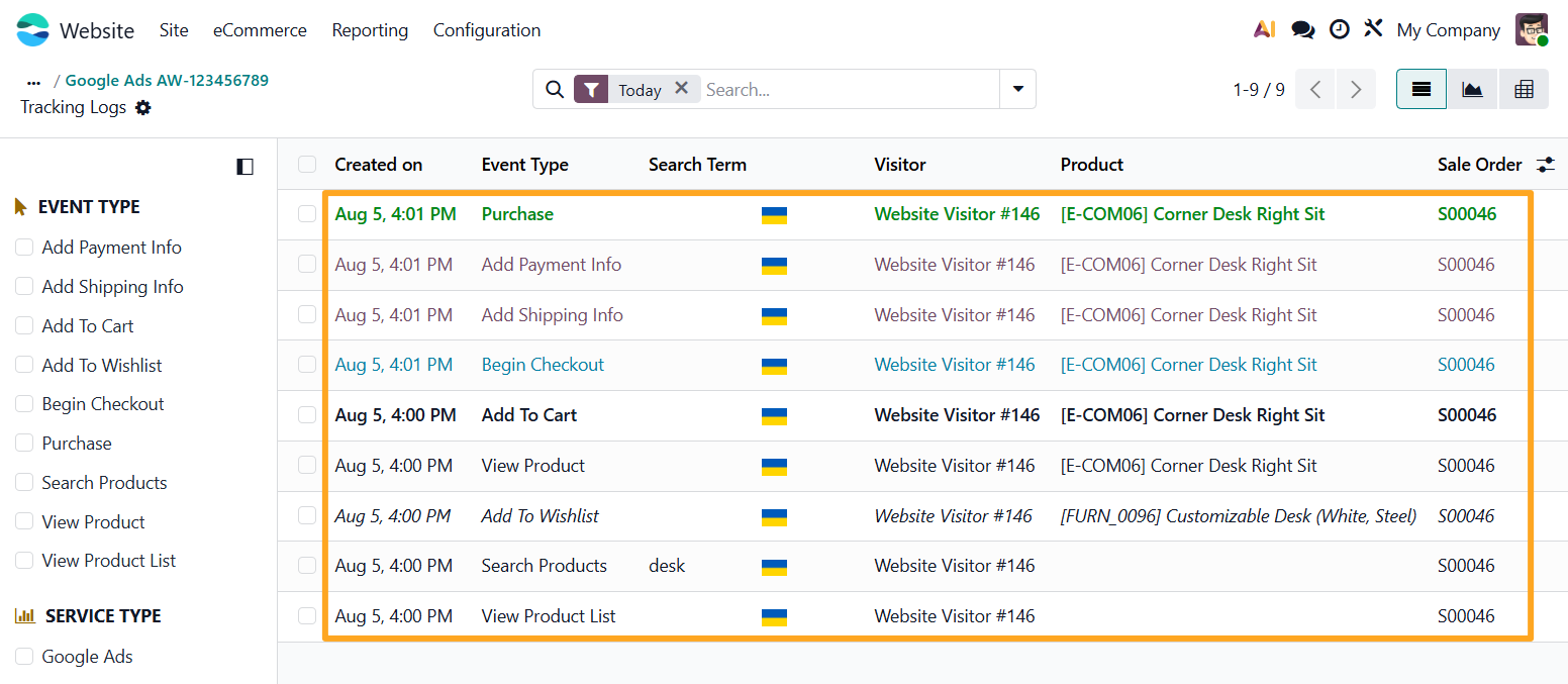 odoo online google ads tracking service internal logs list