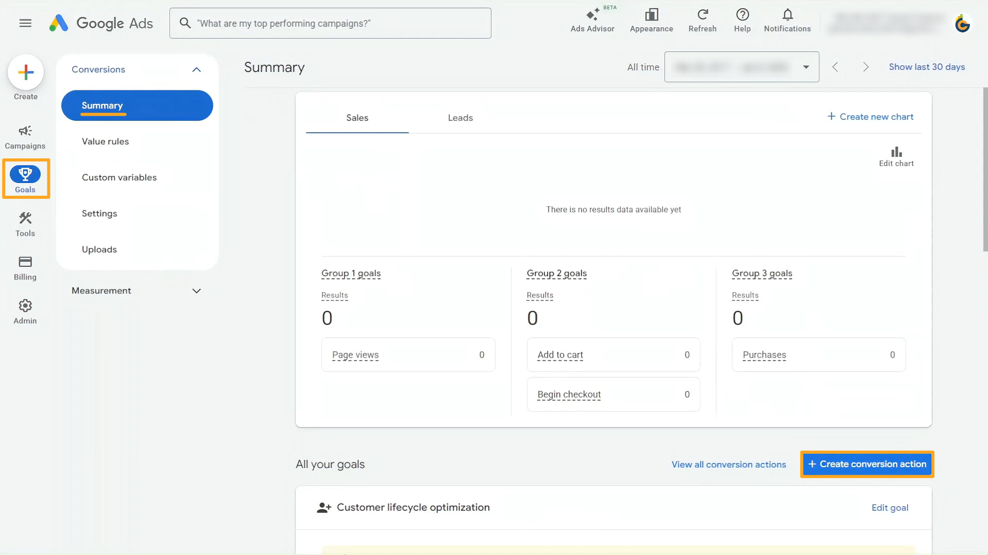 google ads goals summary create conversion action