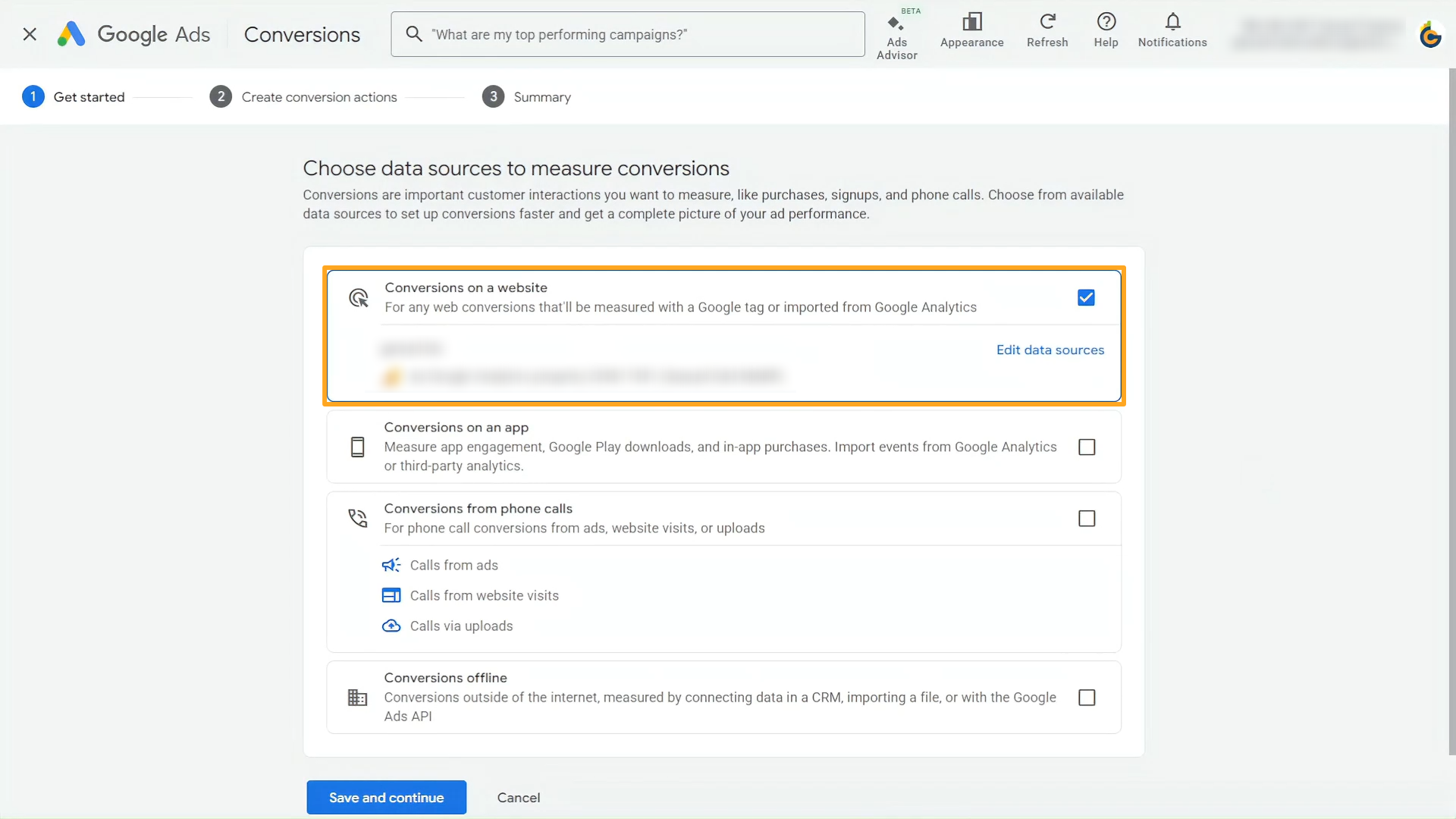 google ads choose data source to measure conversions on a website