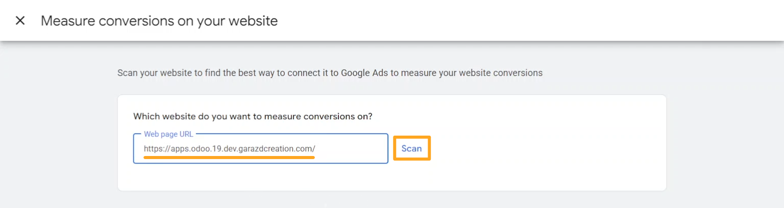 google ads measure conversions odoo website url scan