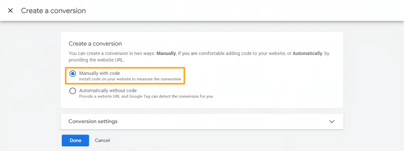 google ads create conversion manually with code
