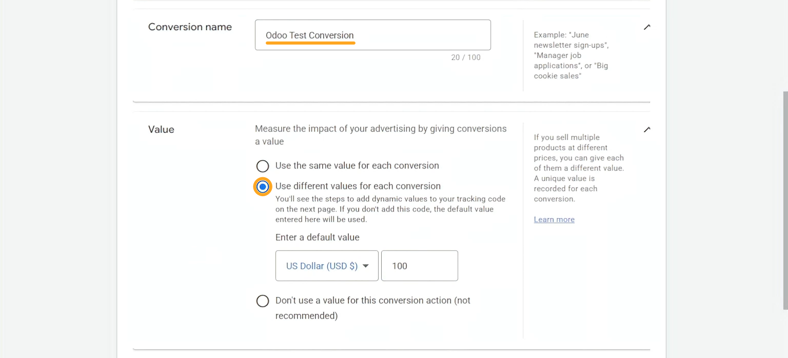 google ads conversion name value