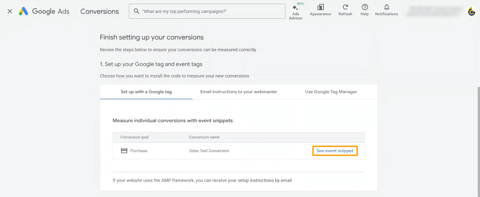 google ads conversion see event snippet