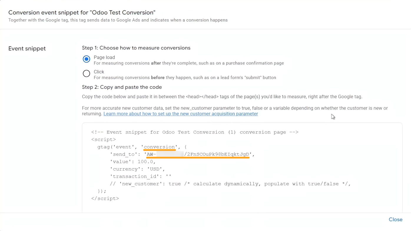 google ads conversion event snippet send to