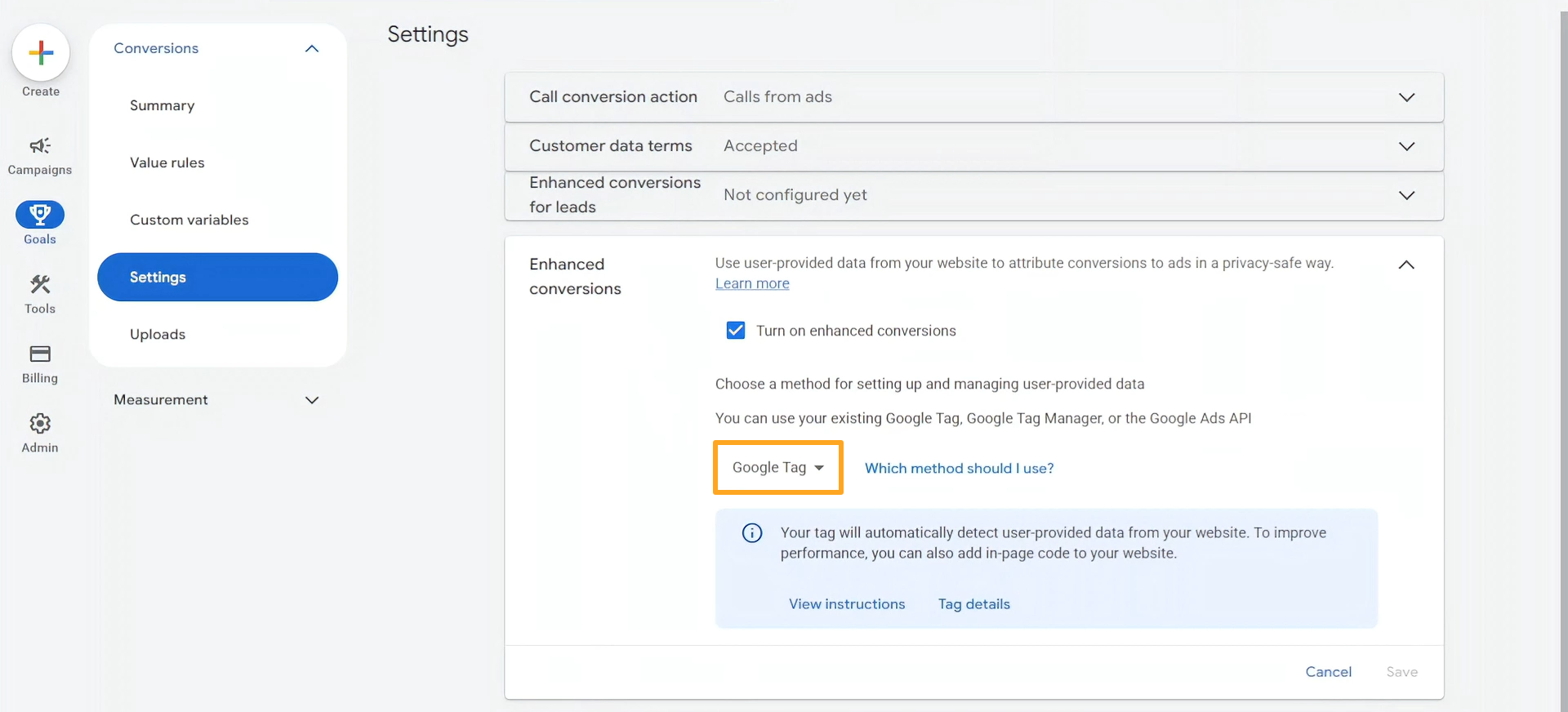 google ads goals settings enhanced conversions tag