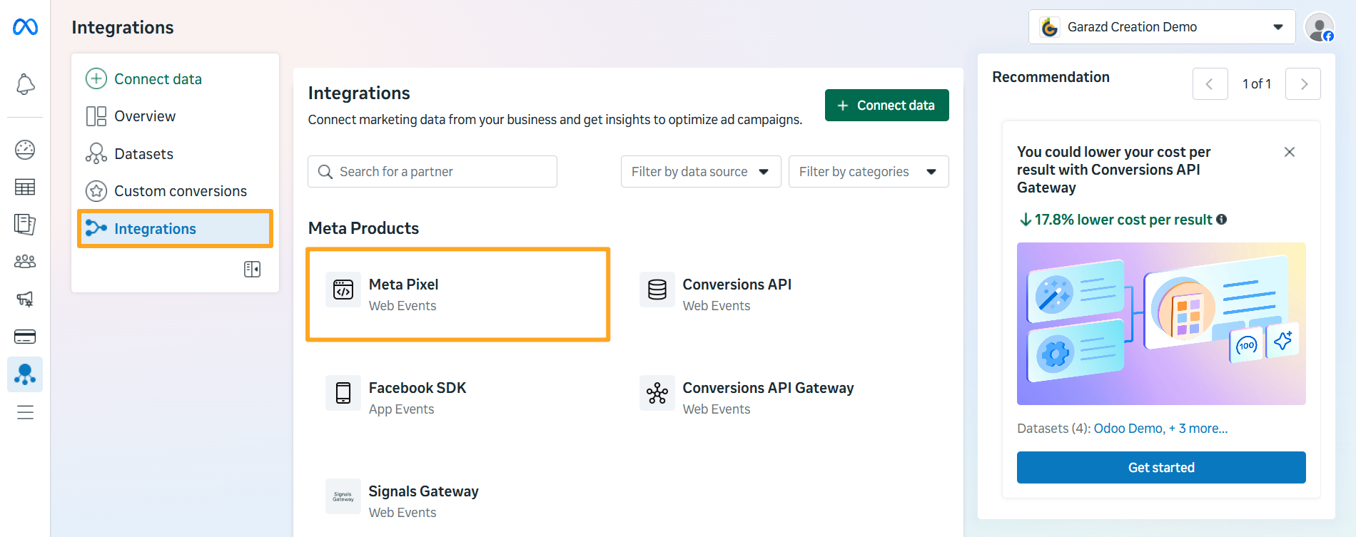 events manager integrations meta pixel