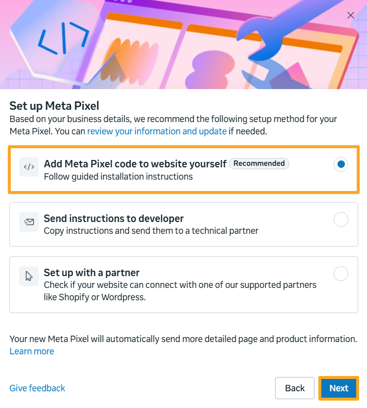 events manager add meta pixel code to website yourself