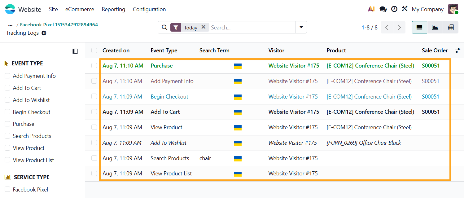 odoo online meta facebook pixel tracking service internal log list