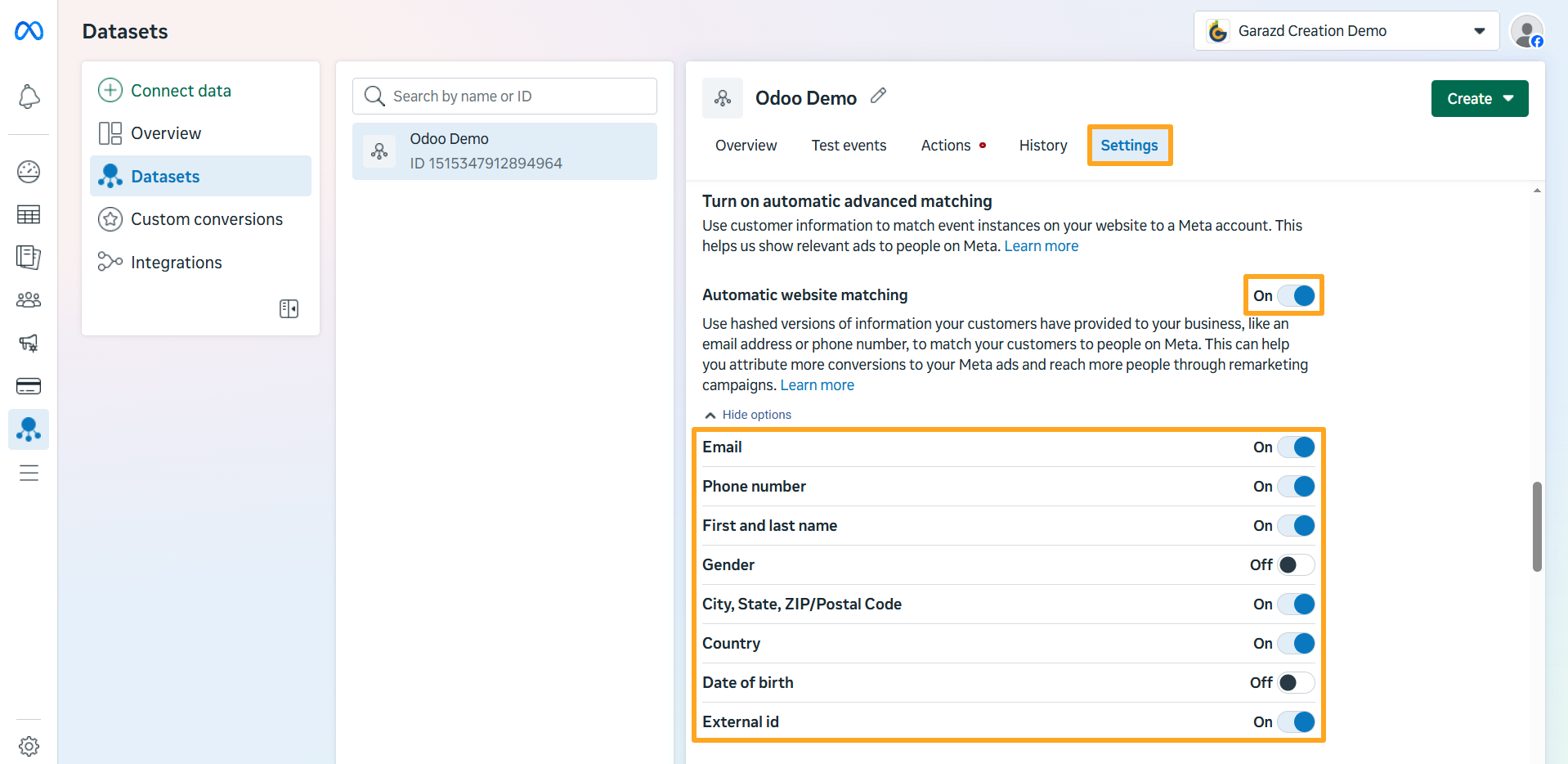 meta events manager dataset settings automatic website matching