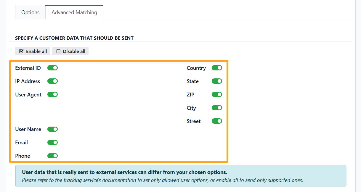 odoo online facebook pixel tracking service advanced matching user data