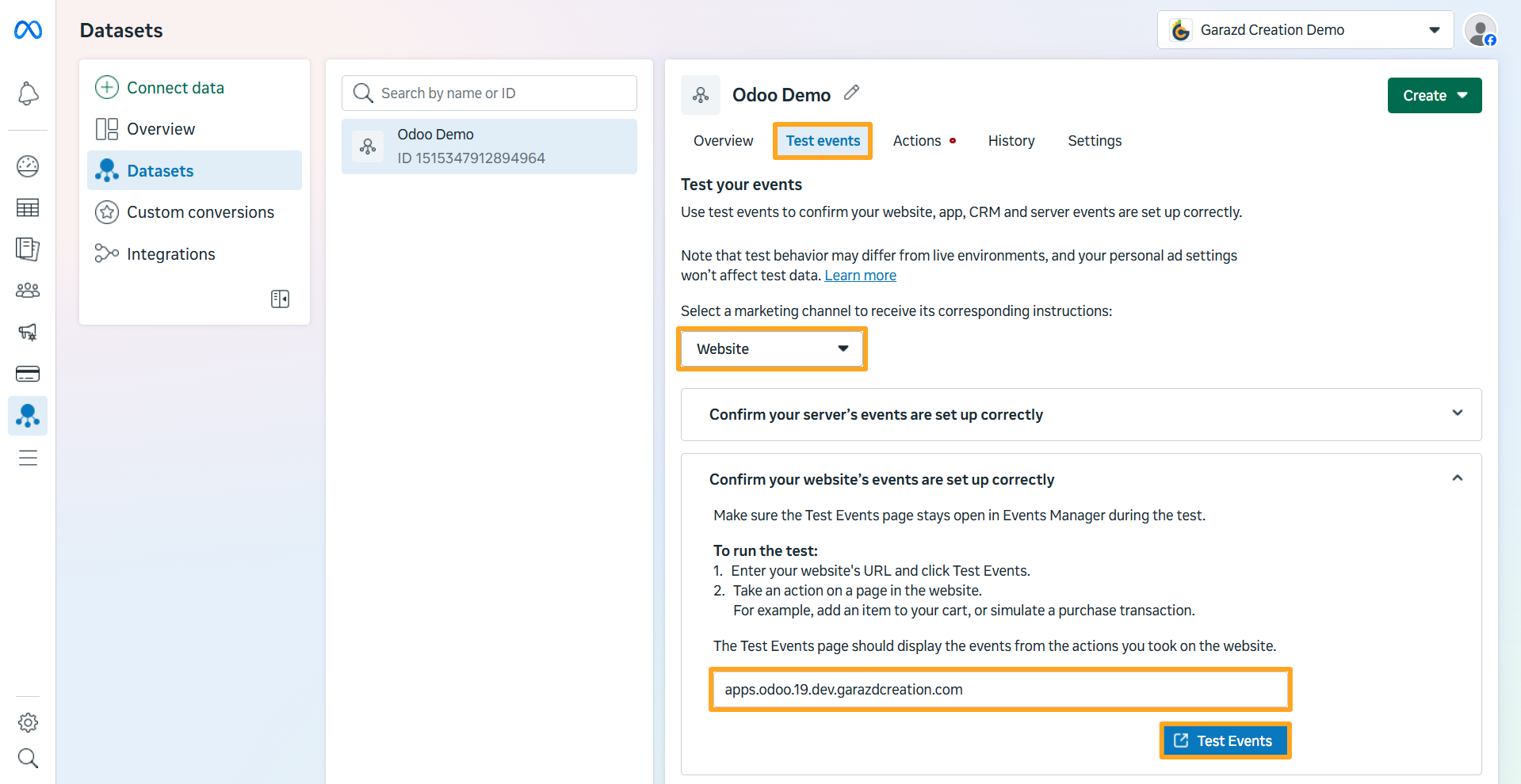 meta events manager dataset test events odoo website