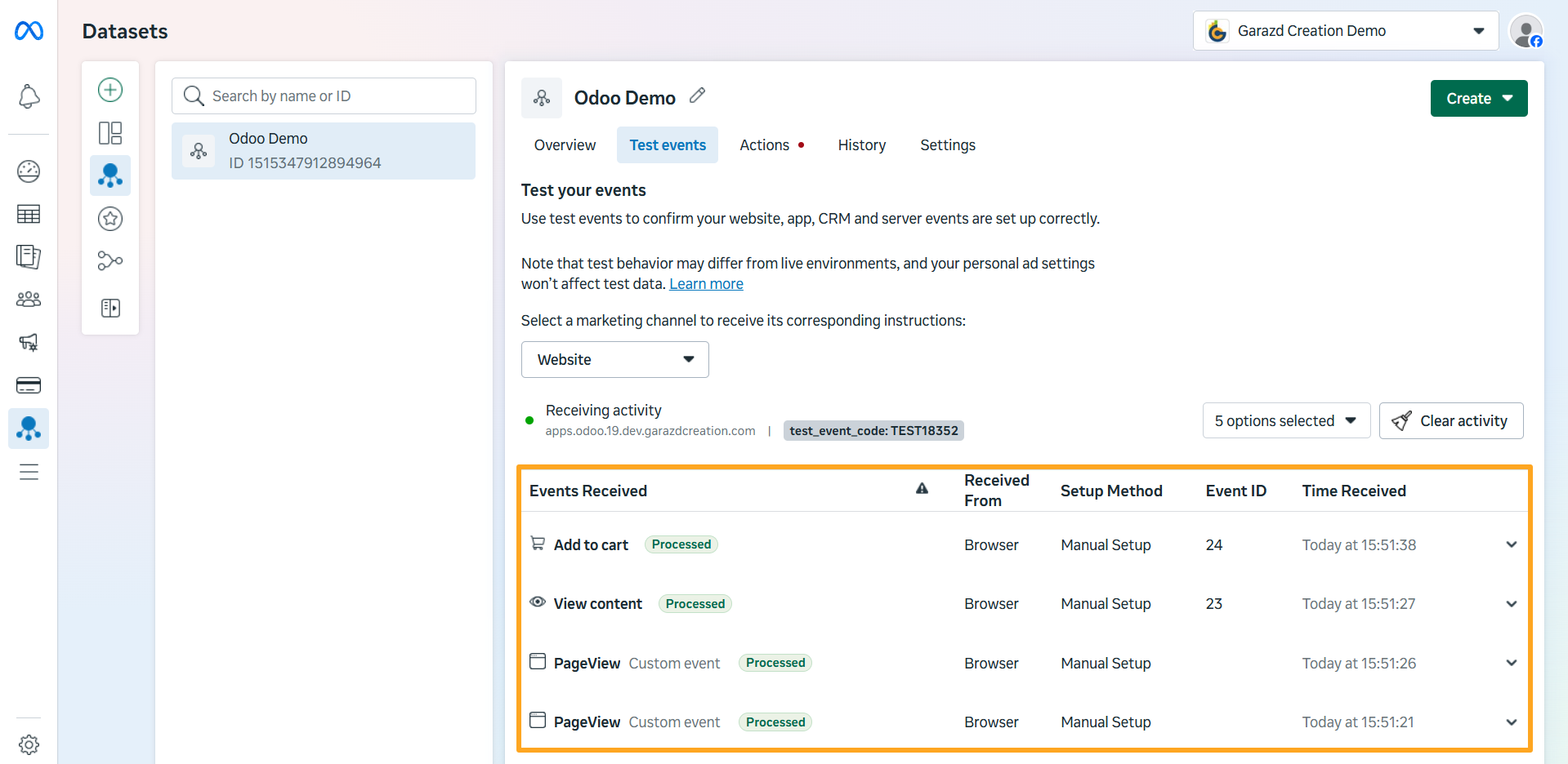 meta events manager dataset test events receiving odoo website activity