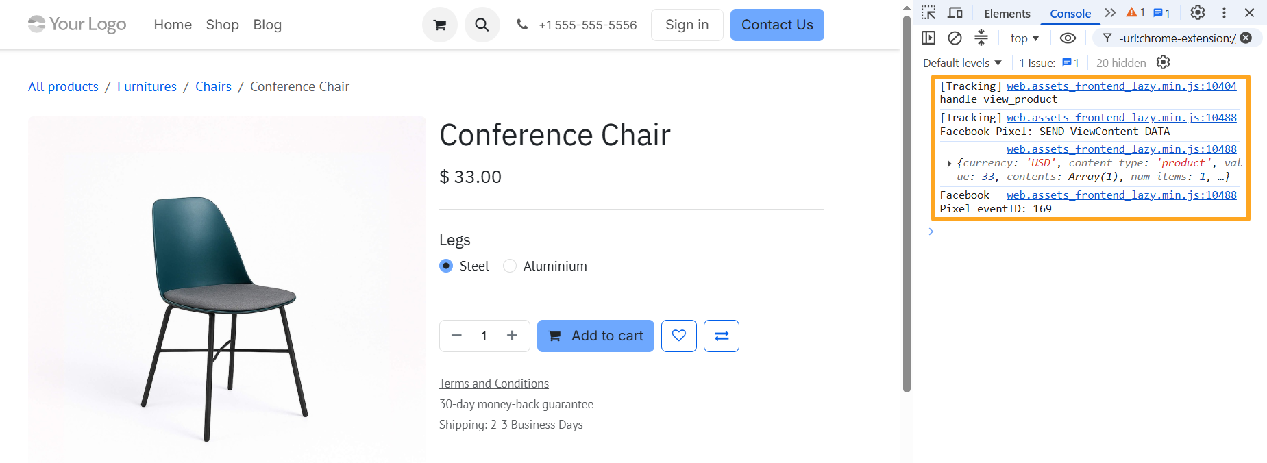 odoo online website facebook pixel tracking event browser console log