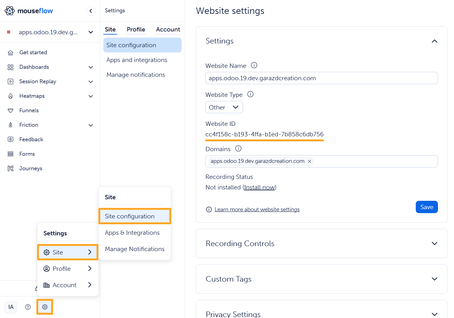 mouseflow settings site configuration odoo website id