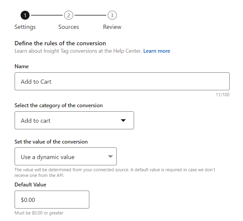 linkedin ads campaign manager create insight tag conversion name category value
