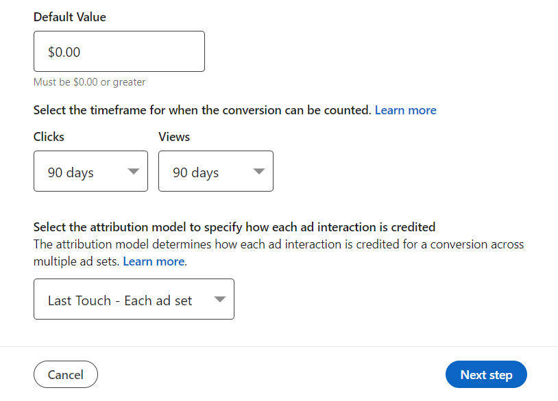 linkedin ads campaign manager create insight tag conversion timeframe attribution model