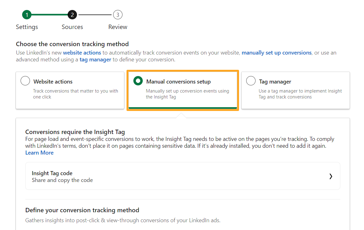 linkedin ads campaign manager create insight tag conversion tracking method