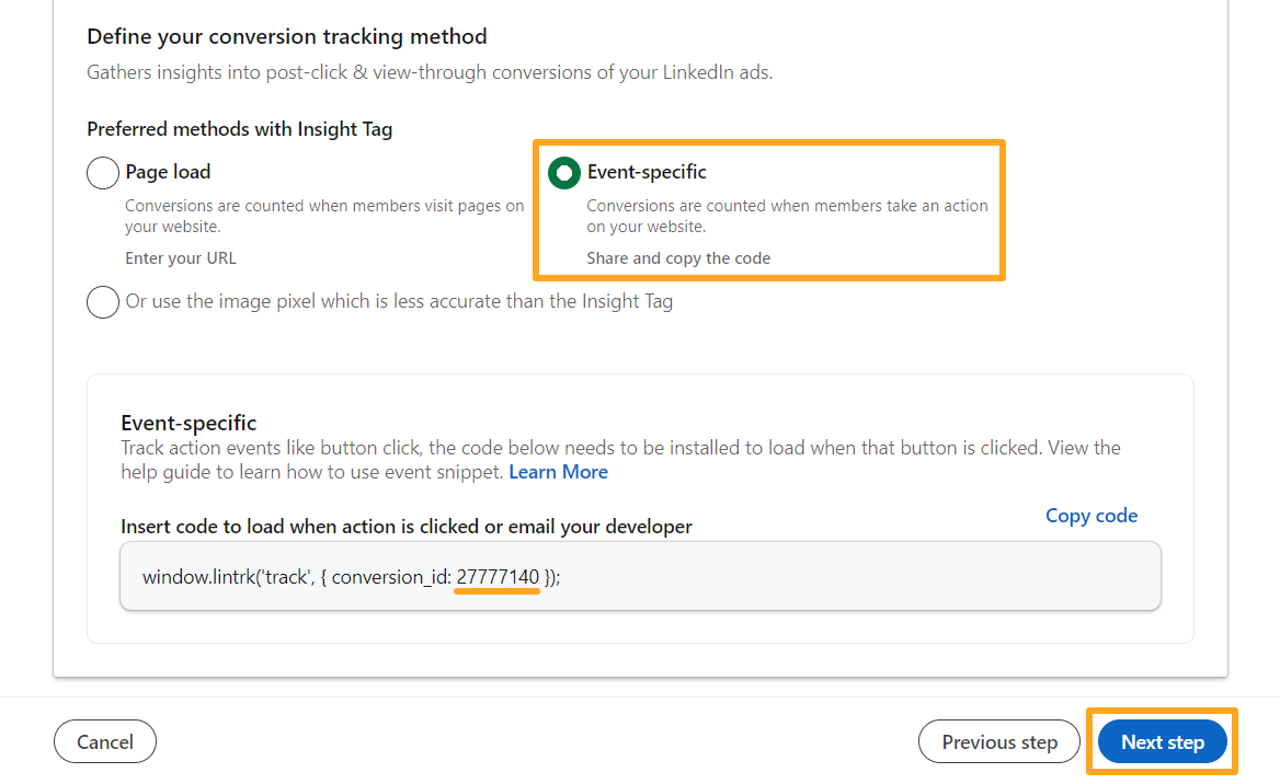 linkedin ads campaign manager create insight tag conversion event-specific method id