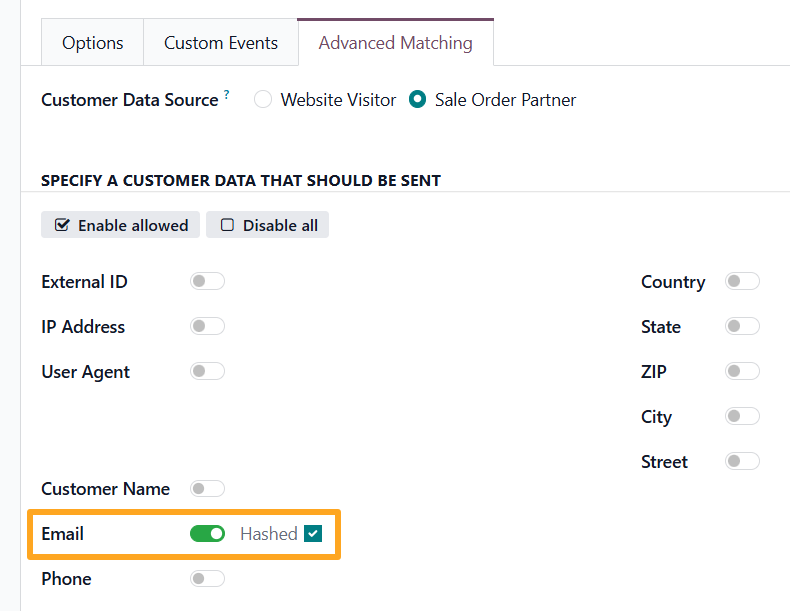 odoo linkedin tag tracking service advanced matching email