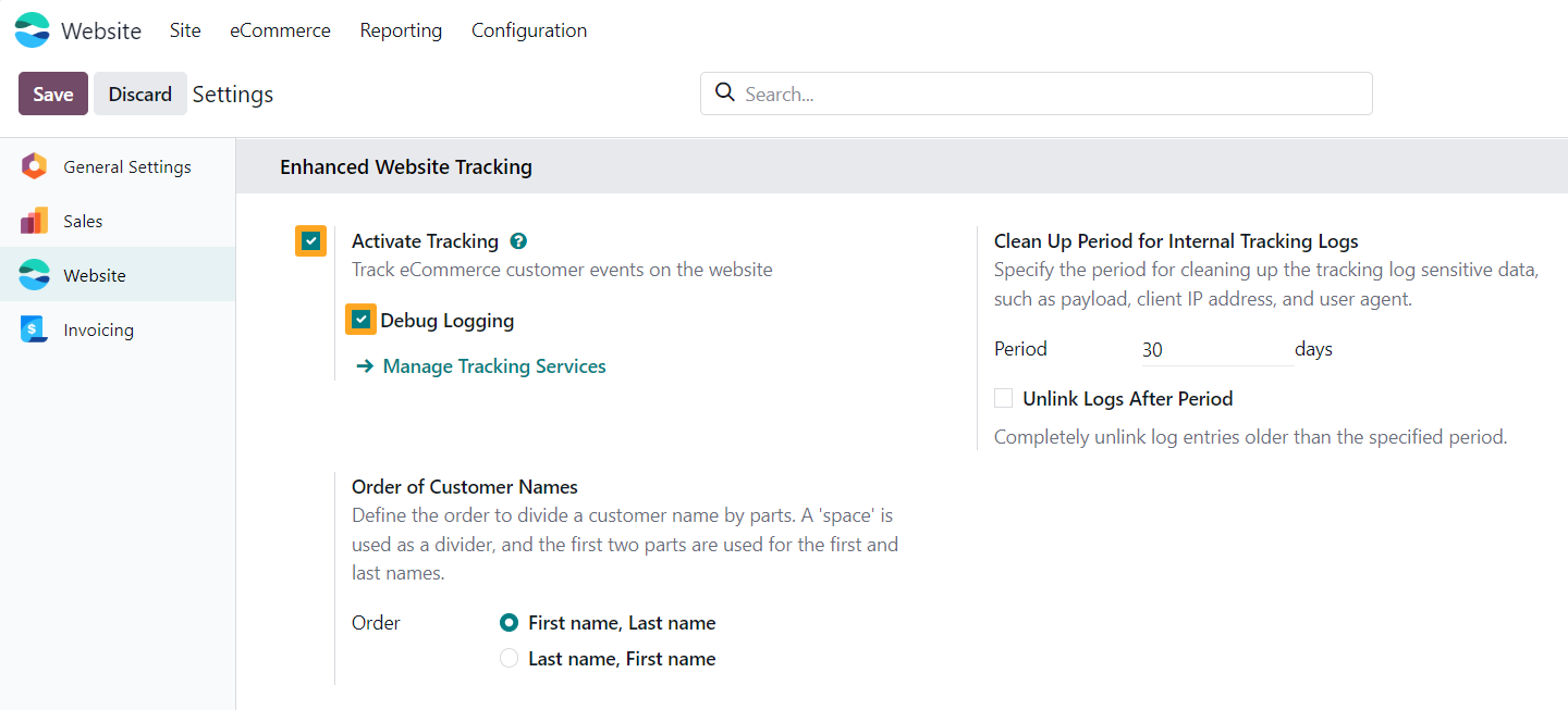 odoo settings website activate tracking debug logging