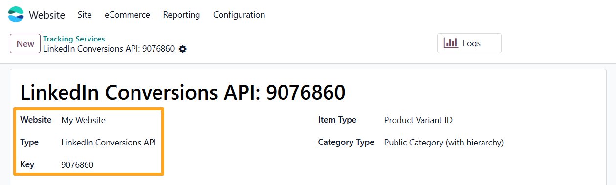 odoo linkedin conversions api tracking service website type key