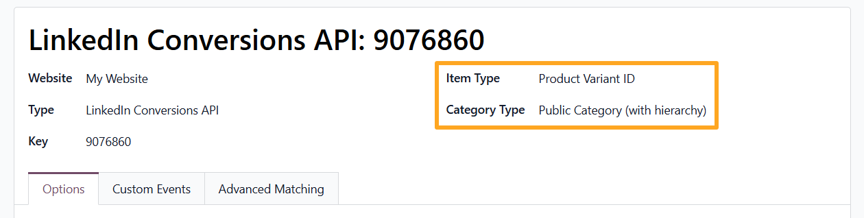 odoo linkedin conversions api tracking service item type category