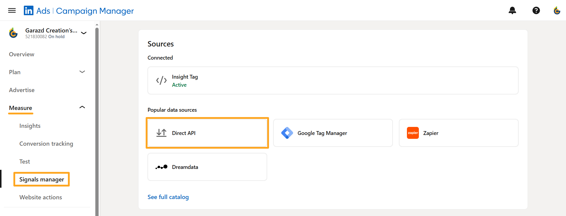 linkedin ads campaign manager measure signals direct api