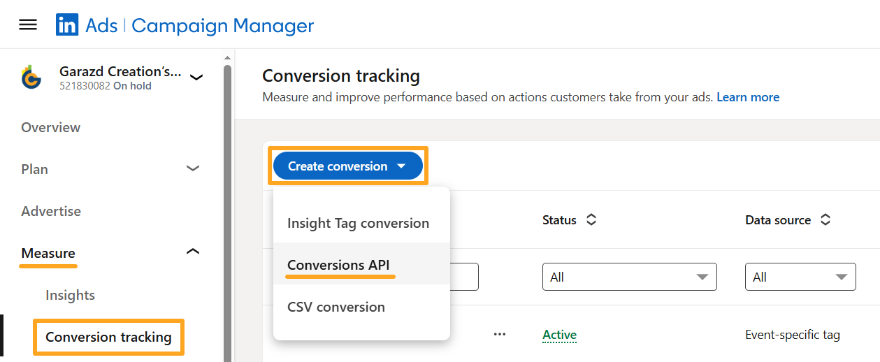 linkedin ads campaign manager measure conversion tracking create conversions api