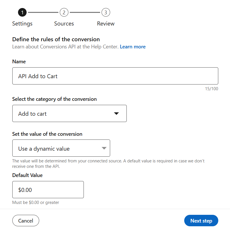 linkedin ads campaign manager create conversions api name category value