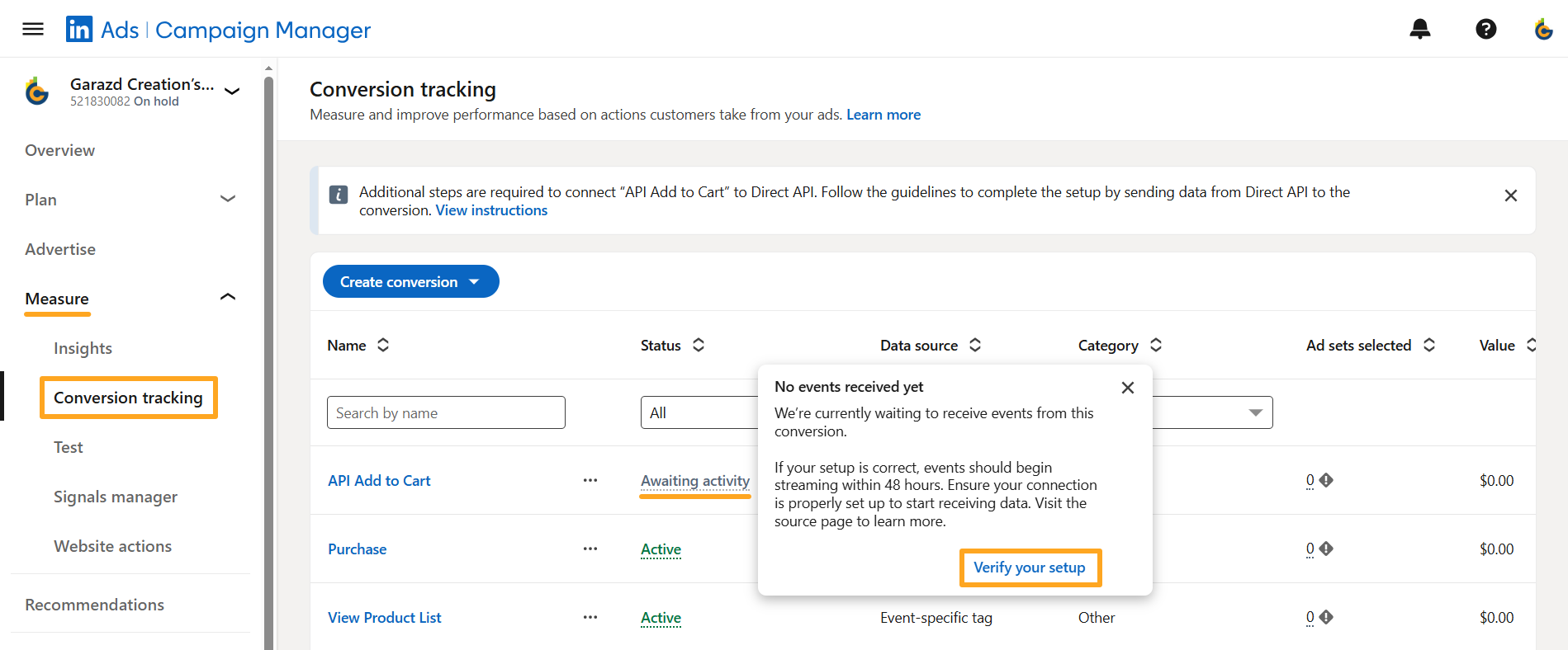 linkedin ads campaign manager measure conversion tracking api verify your setup