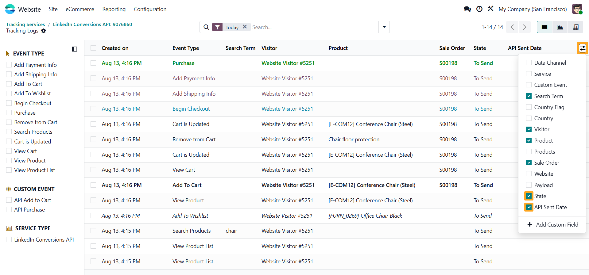 odoo linkedin conversions api tracking service logs state sent date