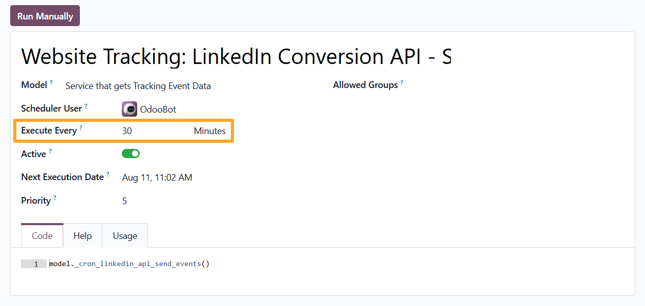odoo website tracking linkedin conversions api scheduled action
