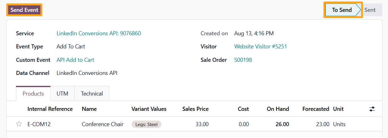 odoo linkedin conversions api tracking service log send event
