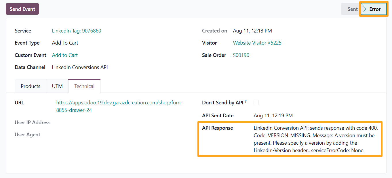 odoo linkedin tracking service log error api response