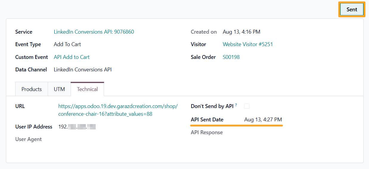 odoo linkedin conversions api tracking service log sent