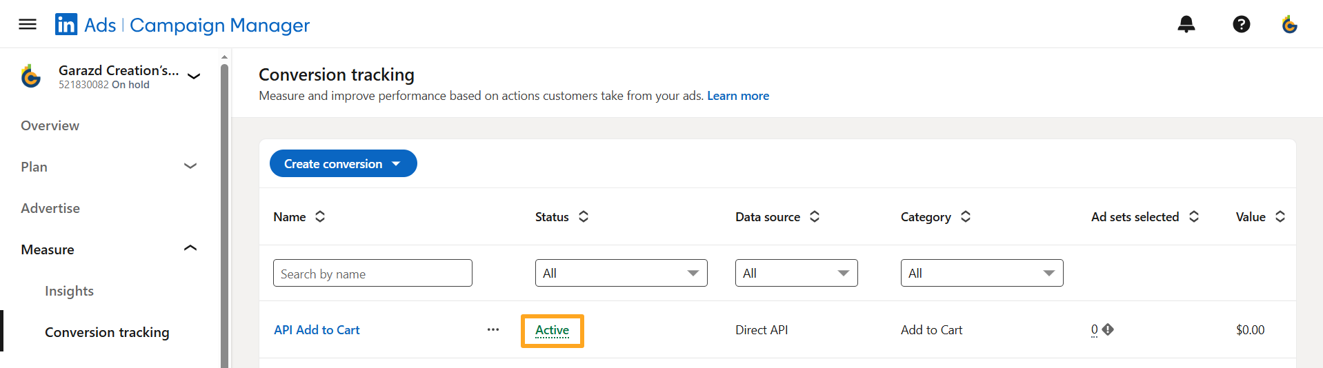 linkedin ads campaign manager measure conversion tracking direct api active