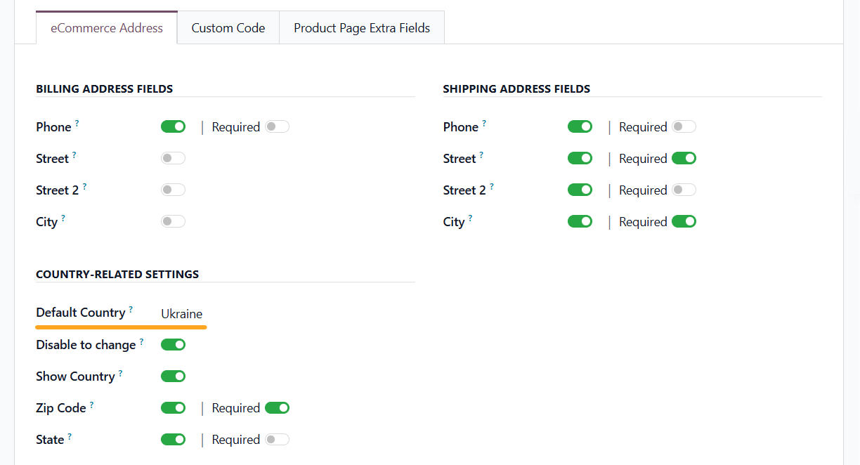 odoo website ecommerce address management country related settings