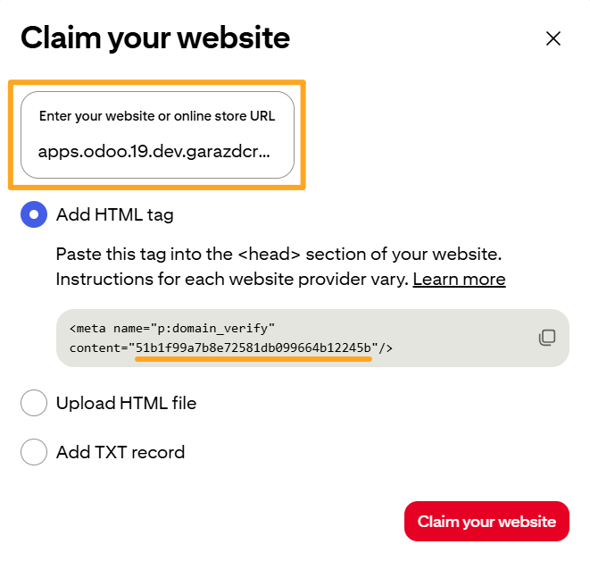 pinterest claim your website odoo add html tag code