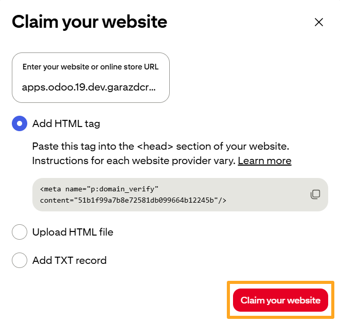 pinterest claim your website odoo
