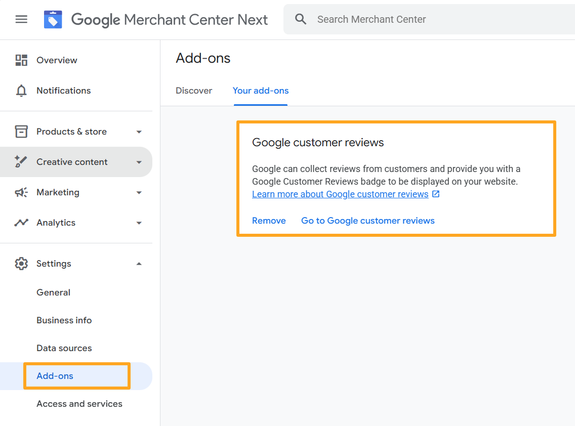 google merchant center add ons google customer reviews