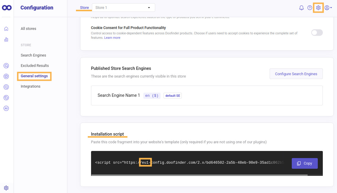 doofinder configuration general settings installation script search zone